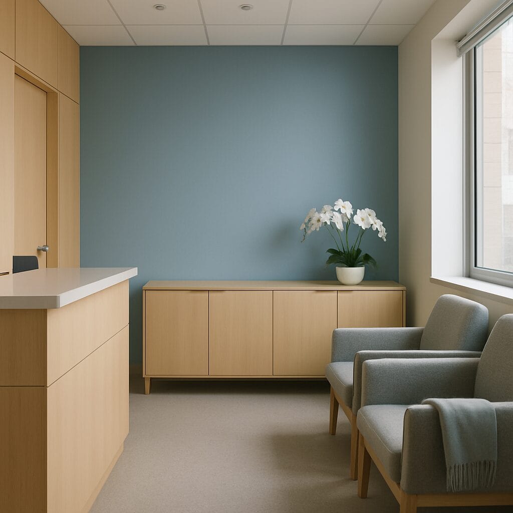The calm reception of a dedicated lipedema-treatment clinic — light wood, pale blue accent wall, fresh orchids, an empty pair of armchairs.