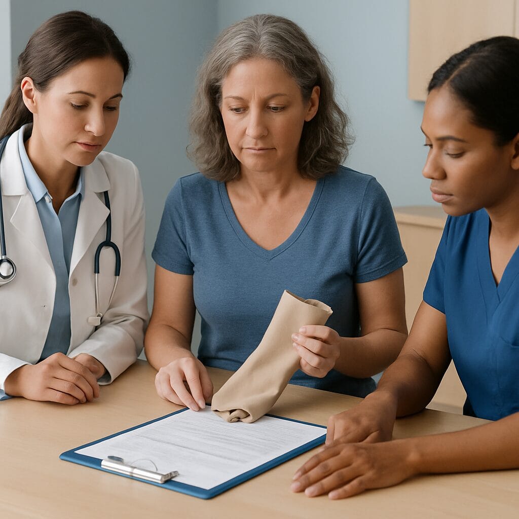 A small care-team huddle — a physician, a lymphatic therapist with a compression garment, and a nurse — reviewing a patient chart together in a calm clinical setting.