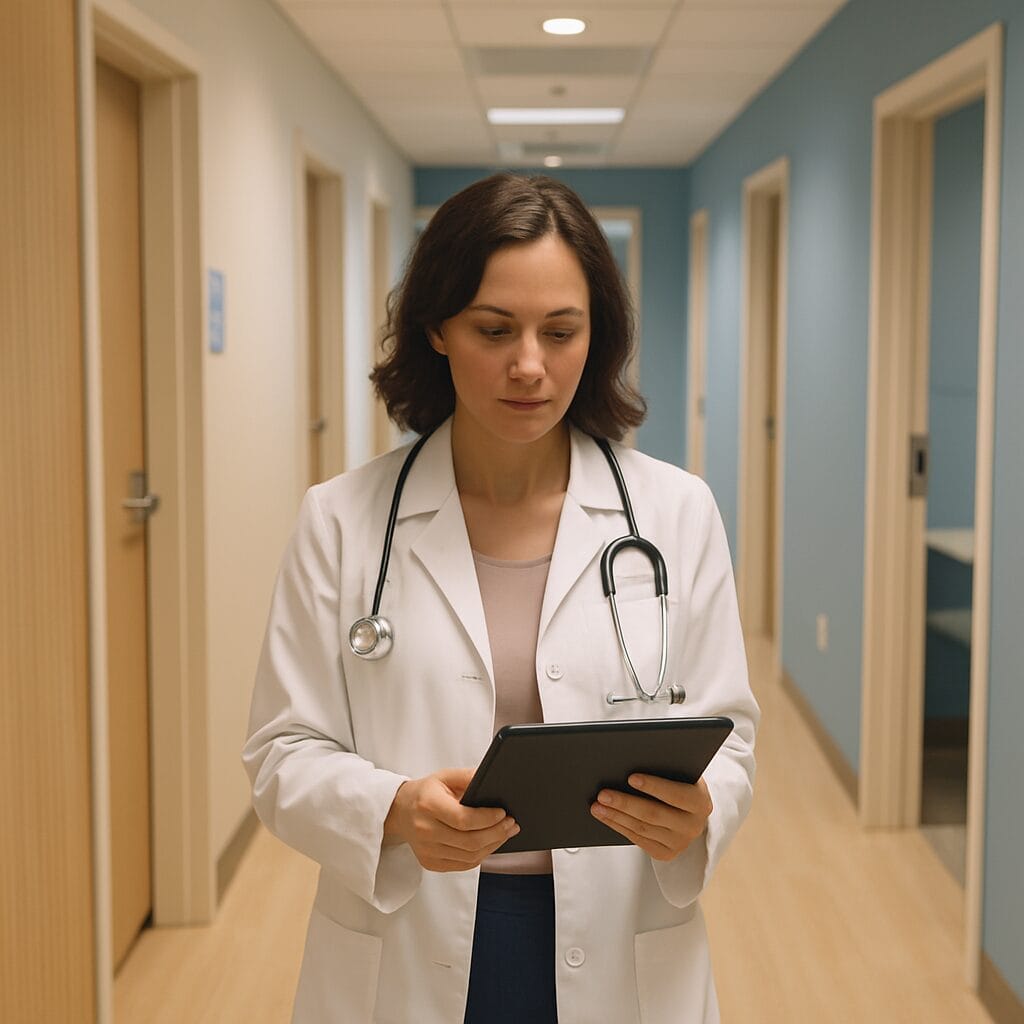 A specialist physician walking through the sunlit hallway of a dedicated specialty clinic, holding a tablet — conveying focused, daily expertise.