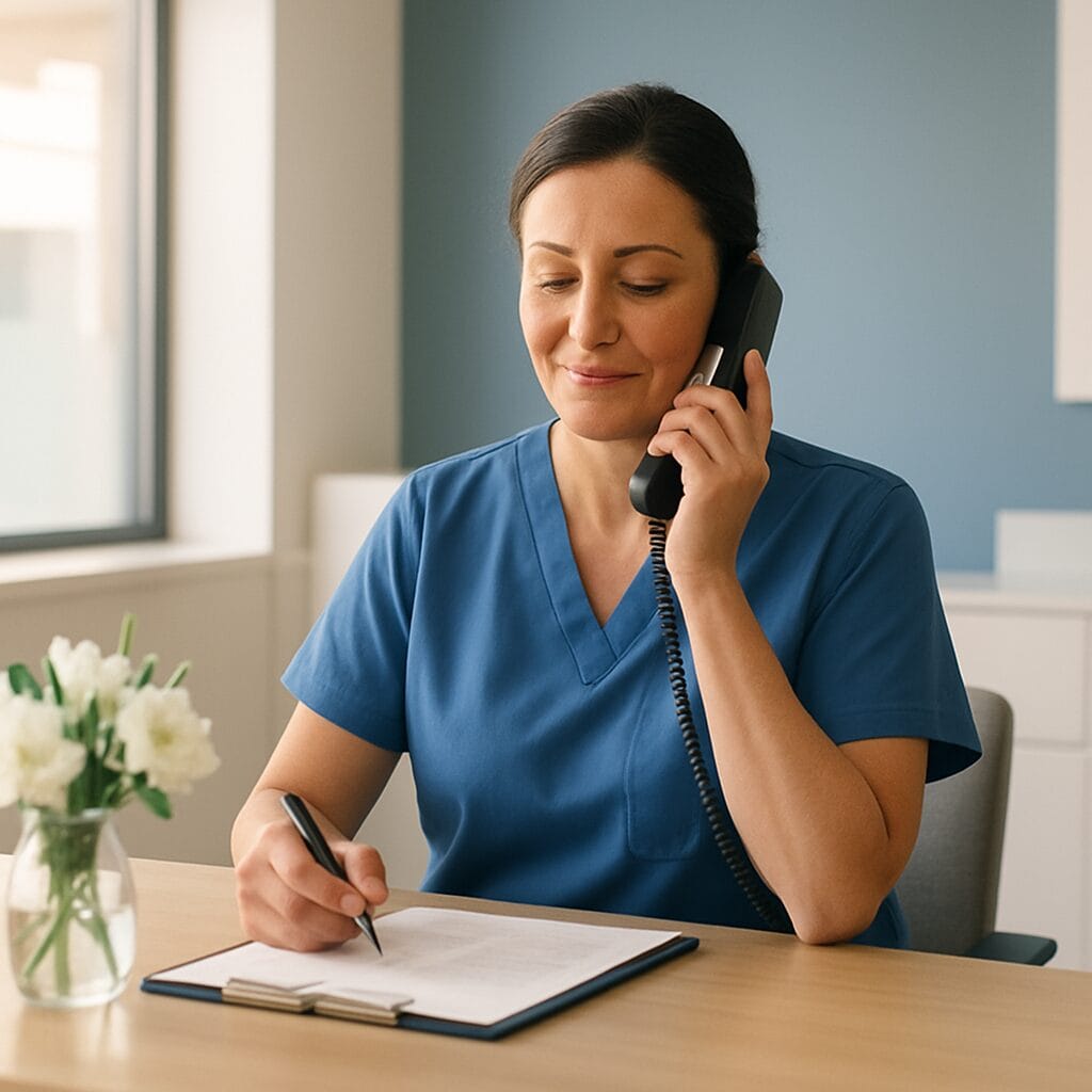 A nurse coordinator at a sunlit clinic information desk, calmly answering a patient's question on the phone.