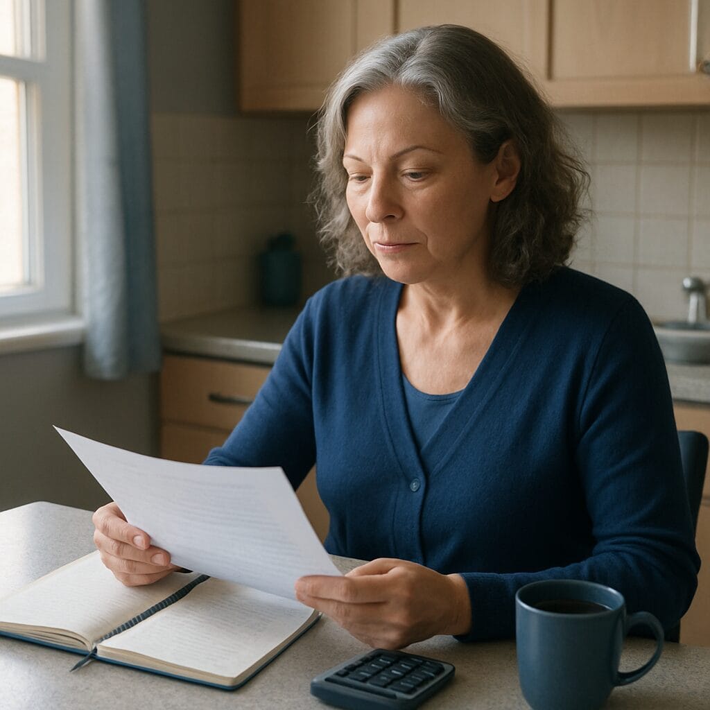 A patient calmly reviewing financing paperwork at her kitchen counter — a quiet at-home decision-making moment.