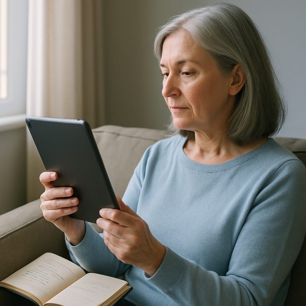 A woman seated comfortably at home, joining her free 30-minute video consultation with The Lipedema Institute team.