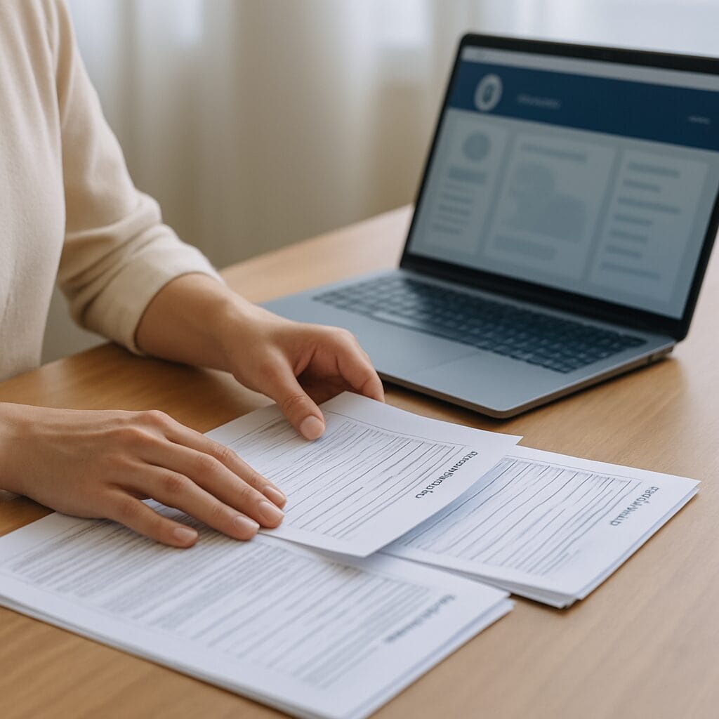 A billing specialist organizing claim documentation alongside a patient portal — calm administrative-medical work behind the scenes.