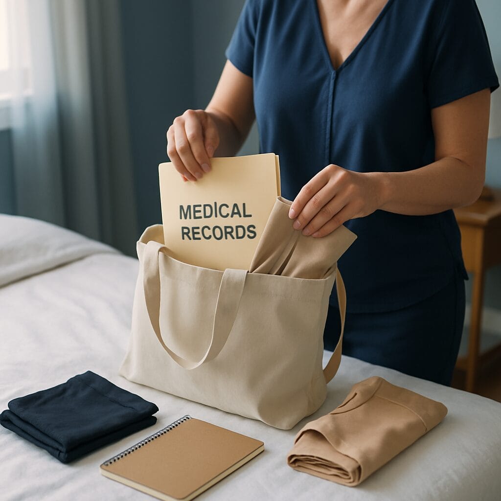 A patient organizing her medical records, a compression garment, and a notebook on a bed before her appointment — calm preparation routine.