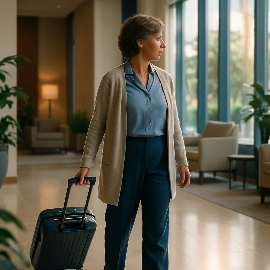 A patient walking through an airy hotel lobby with a small wheeled suitcase, arriving for her scheduled treatment in Scottsdale.