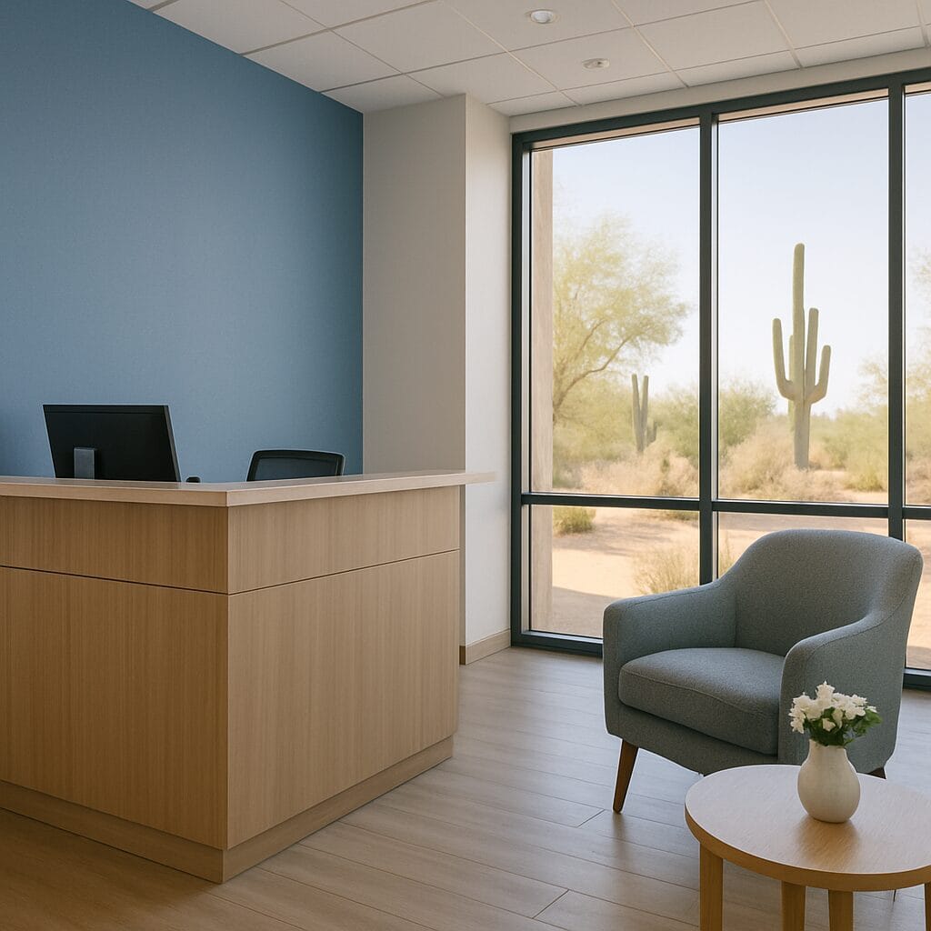 The welcoming reception of The Lipedema Institute — light wood, pale blue accent wall, warm Scottsdale daylight through tall windows.