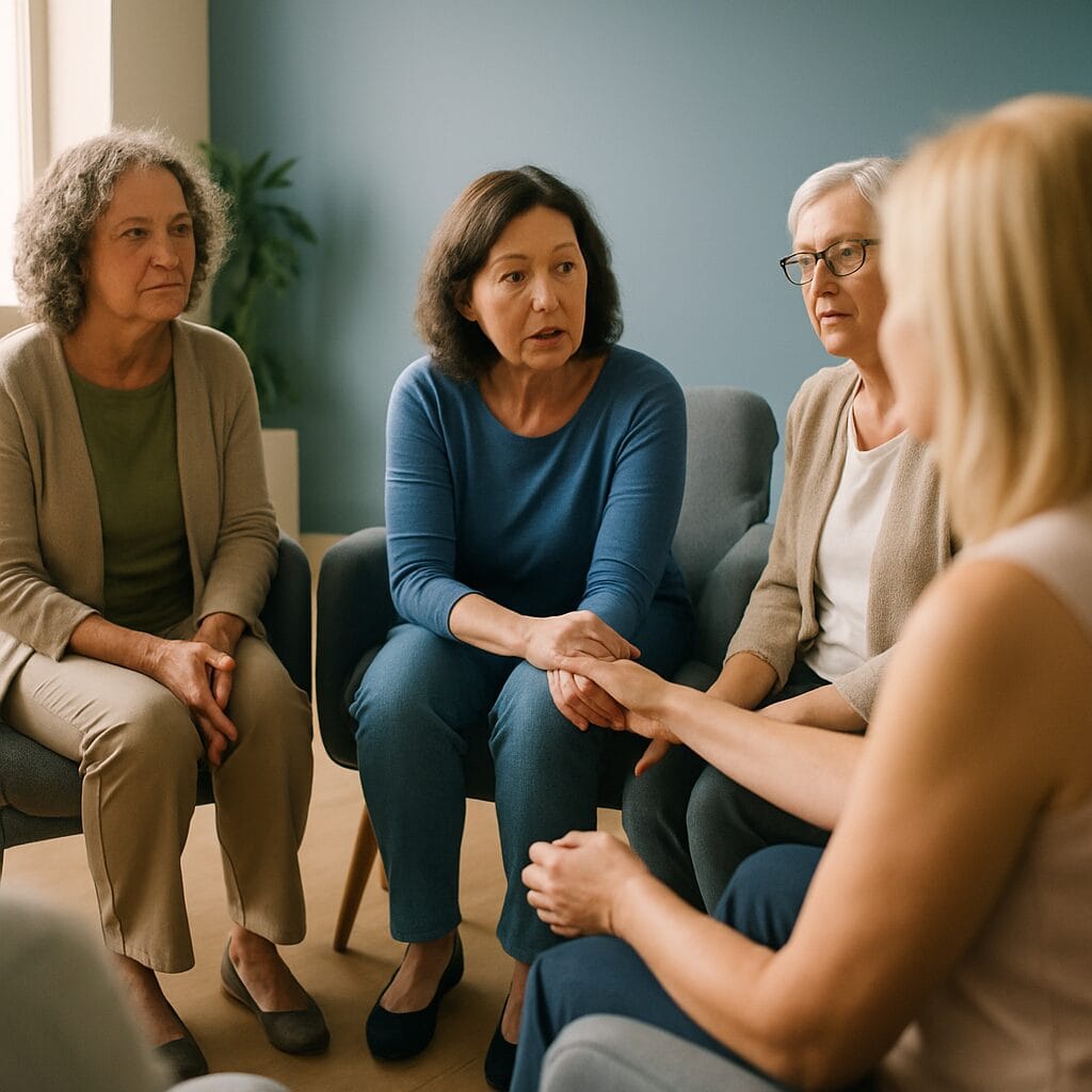 A small support-group circle of women seated together in a calm community room — faces deliberately soft-focus and out of frame.