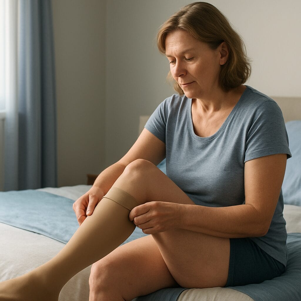 A woman in her late 40s carefully putting on medical-grade graduated compression stockings in her sunlit bedroom — the quiet daily routine that anchors lipedema care.