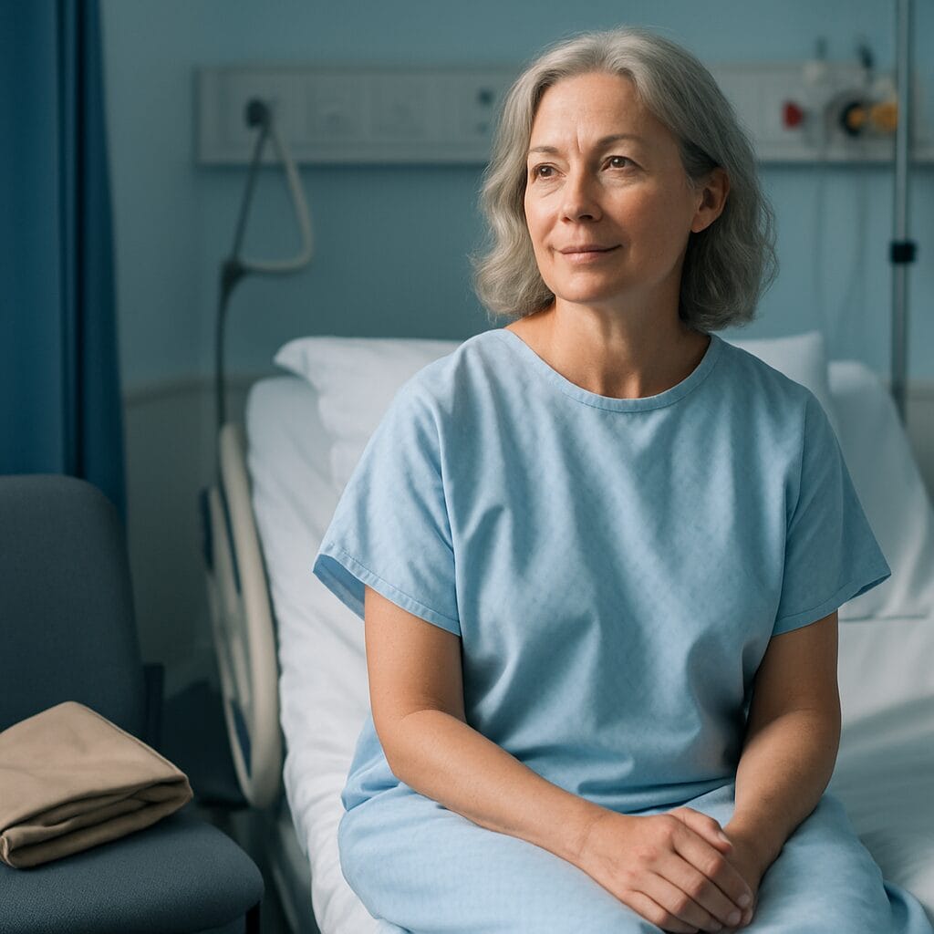 A woman in her 50s seated calmly on the edge of a hospital day-surgery bed in a soft gown, talking quietly with the nursing team before her procedure.