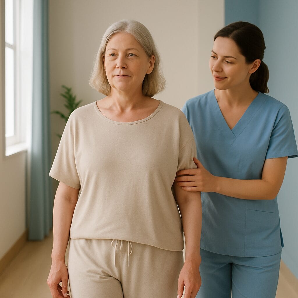 A woman in soft loose recovery clothing walking gently along a sunlit clinic hallway alongside her <a href=