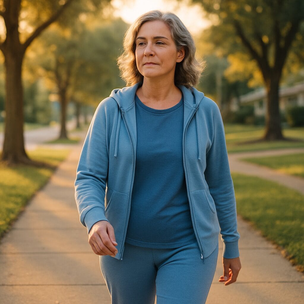 A woman walking confidently on a sunlit residential street, conveying mobility and steady, dignified recovery.