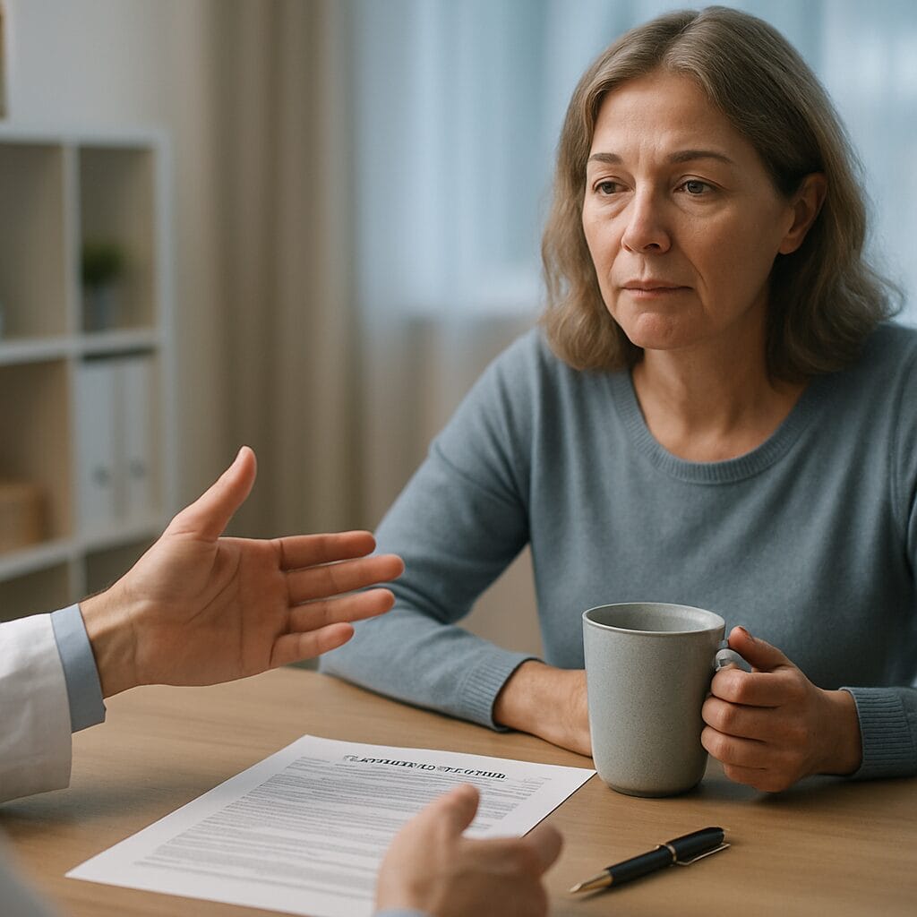 A physician walks a patient through informed-consent documents at a wooden desk, calm modern clinical office with natural daylight.