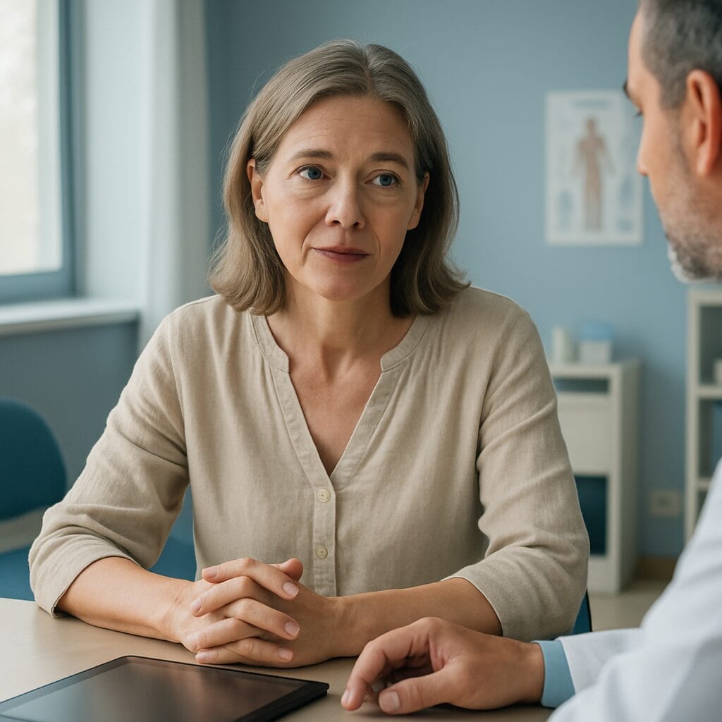 A woman in her 50s in a calm modern consultation room speaking with her physician about her treatment plan.